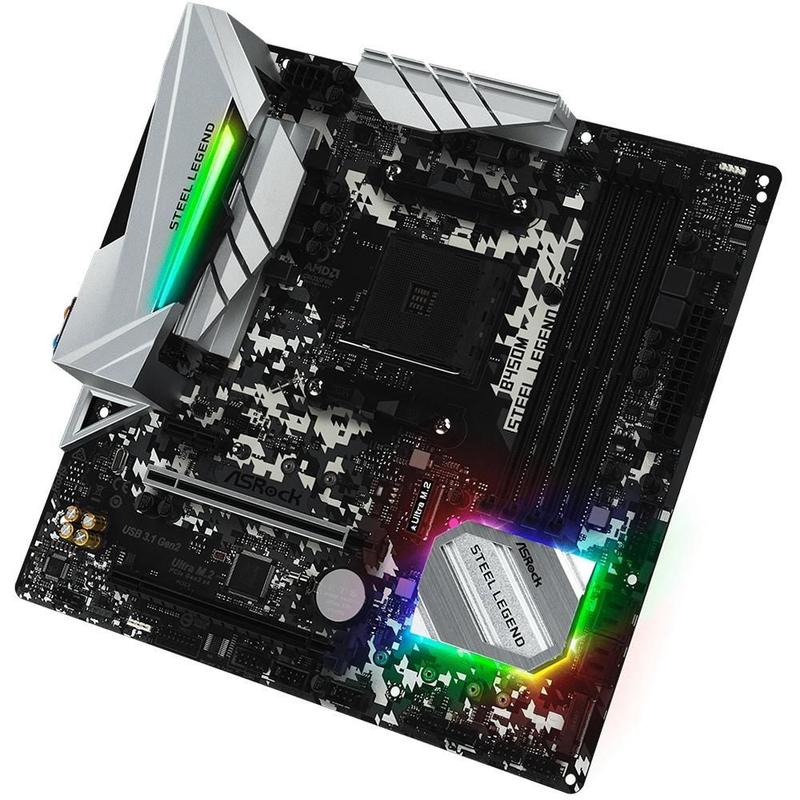 PCパーツ AsRock B450M Steel Legend Placa-Mãe ASRock B450M Steel Legend, AMD AM4, mATX, DDR4, Preto